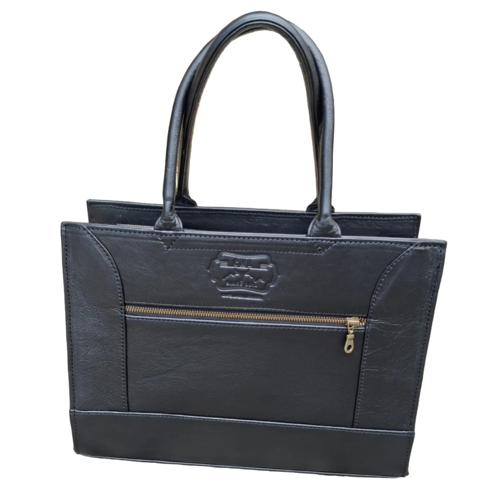 Kirstein 14" Laptop bag in black colour with a gold zipper on a white background