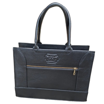 Kirstein 14" Laptop bag in black colour with a gold zipper on a white background