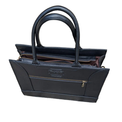 Kirstein 14" Laptop bag in black colour with a gold zipper on a white background with top zip opened