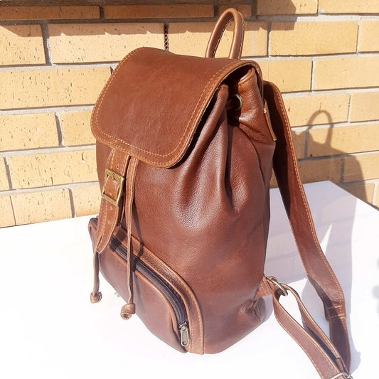 leather backpacks flap in pecan  tan colour made by Cape Masai Leather