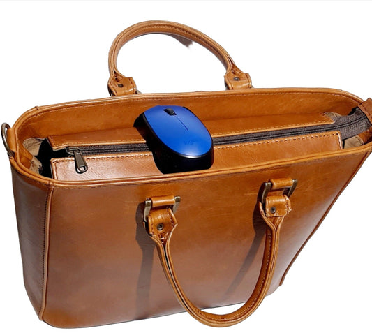 MDL ladies Laptop bags 15'' with a blue mouse pad on top. light tan 
