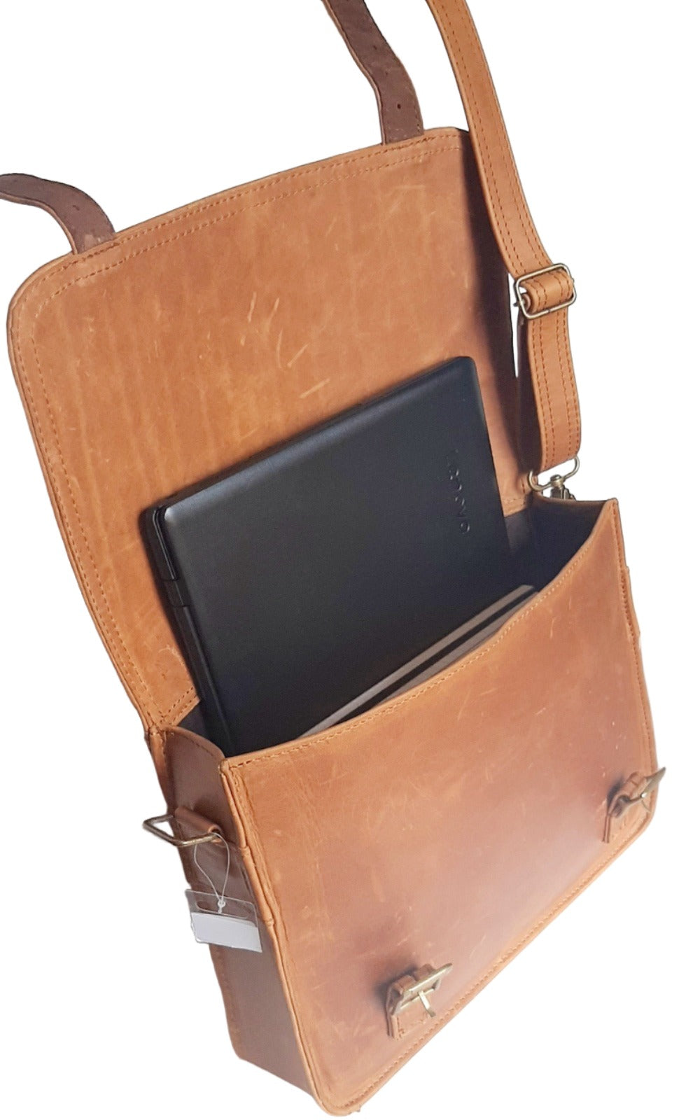 A beautiful genuine leather hand made Carryn 13-14" laptop bag with a Lenovo laptop and A4 books