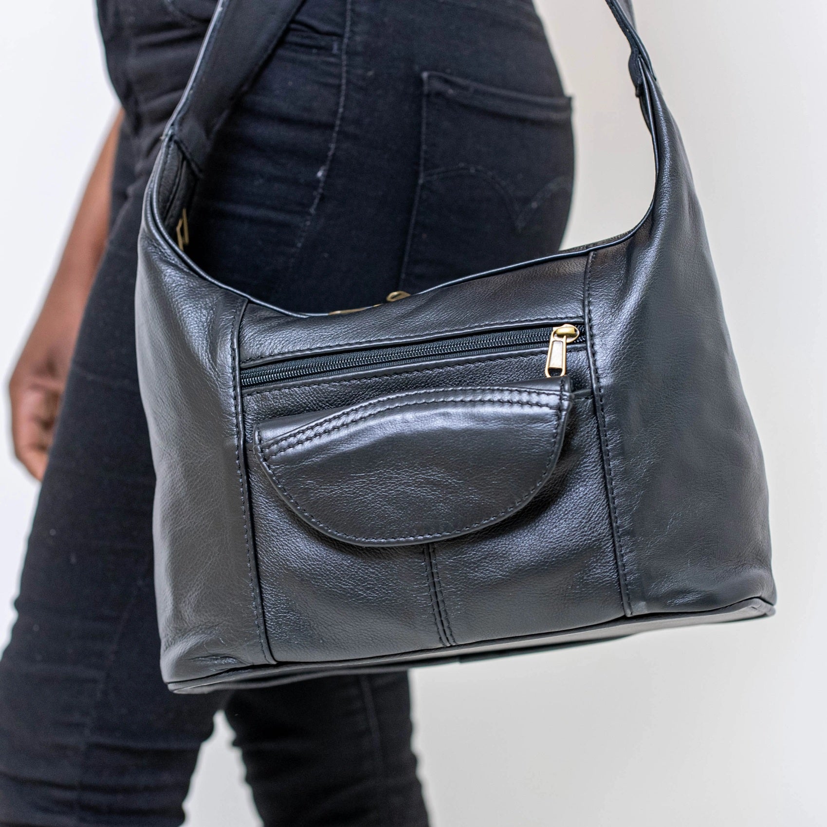 Gb7 leather bags with flap in black colour  made by cape Masai Leather