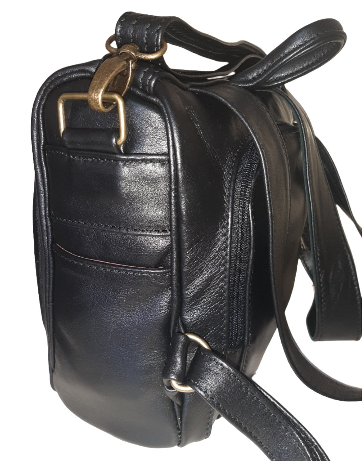 Helmare genuine leather backpack purse side view made cape Masai Leather in black colour 