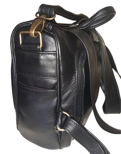 Helmare genuine leather backpack purse side view made cape Masai Leather in black colour 
