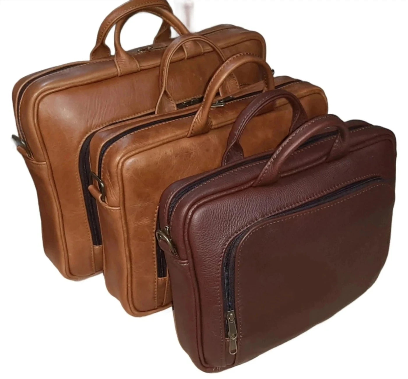 Iconic 12inch 14inch & 15inch laptop briefcase - Light tan & oxblood on thc desk at Cape Masai Leather Workshop
