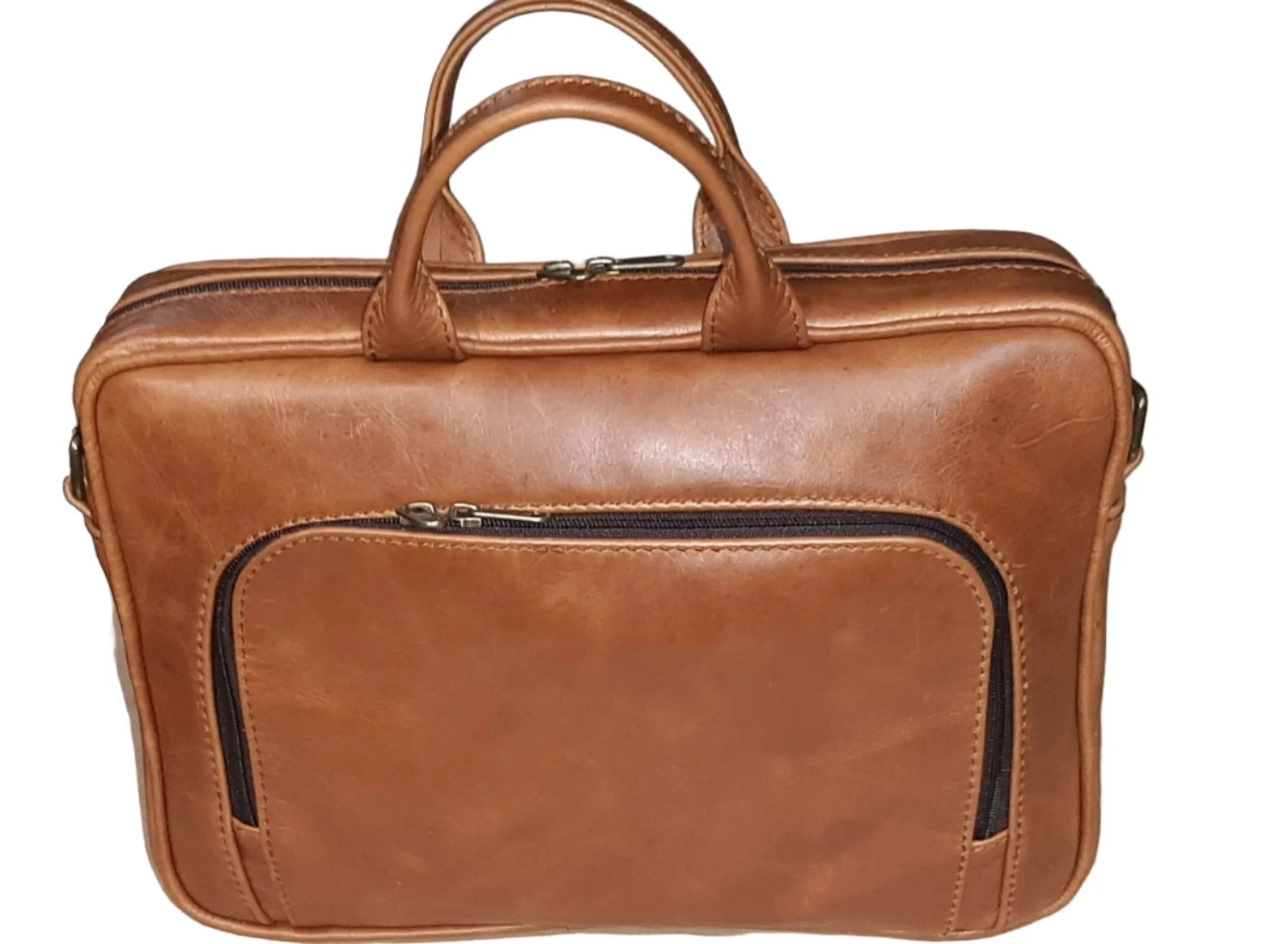 Iconic 14 inches laptop briefcase - Light tan on the desk at Cape Masai Leather Shop