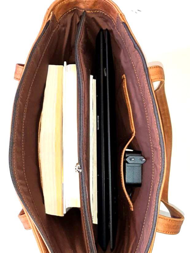 books and laptop inside ladies' laptop bags - cape Masai leather 