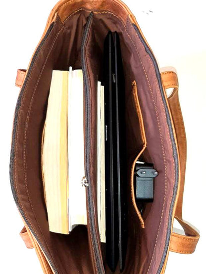 books and laptop inside ladies' laptop bags - cape Masai leather 