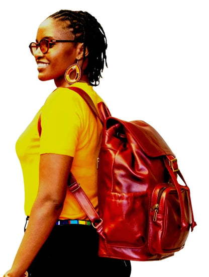 Leather Backpacks with flap XL in cherry red from Cape Masai leather