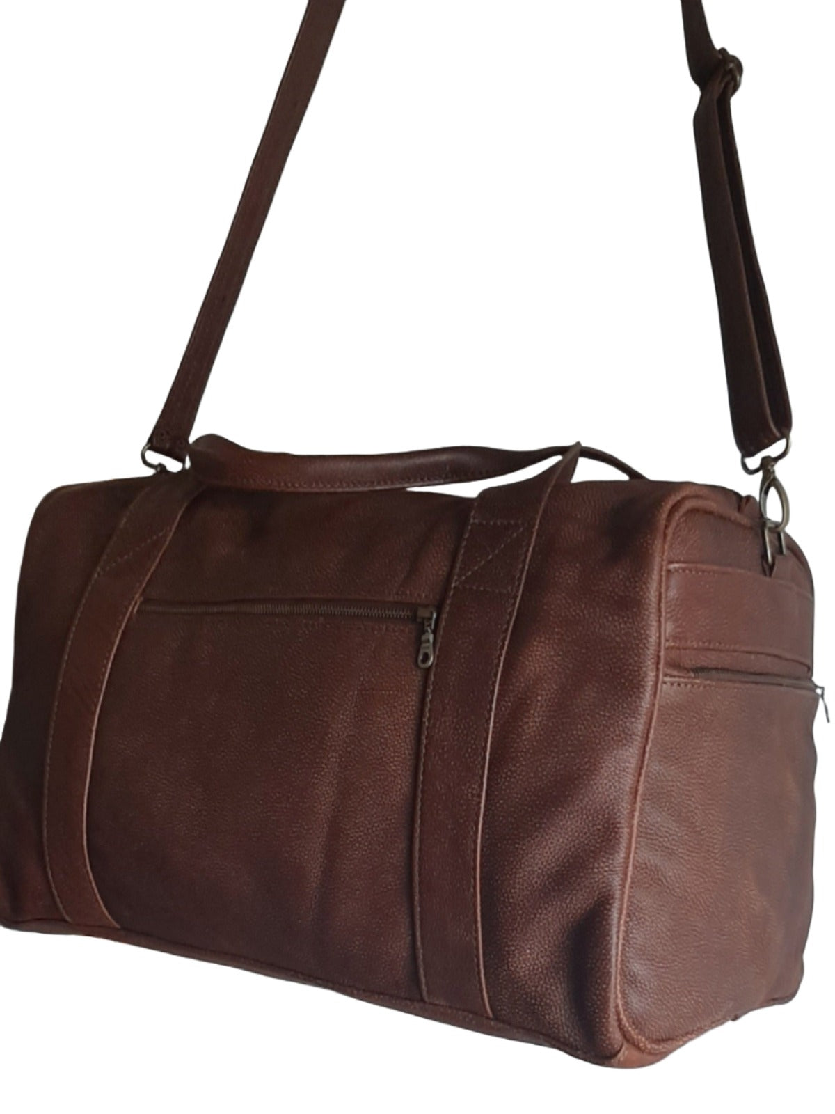 A beautiful genuine leather hand made Masai leather travel bag in bitter brown colour also known us Africa buffalo leather. 